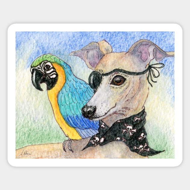 She was ready for Talk Like a Pirate Day - whippet dog and her parrot Sticker by SusanAlisonArt